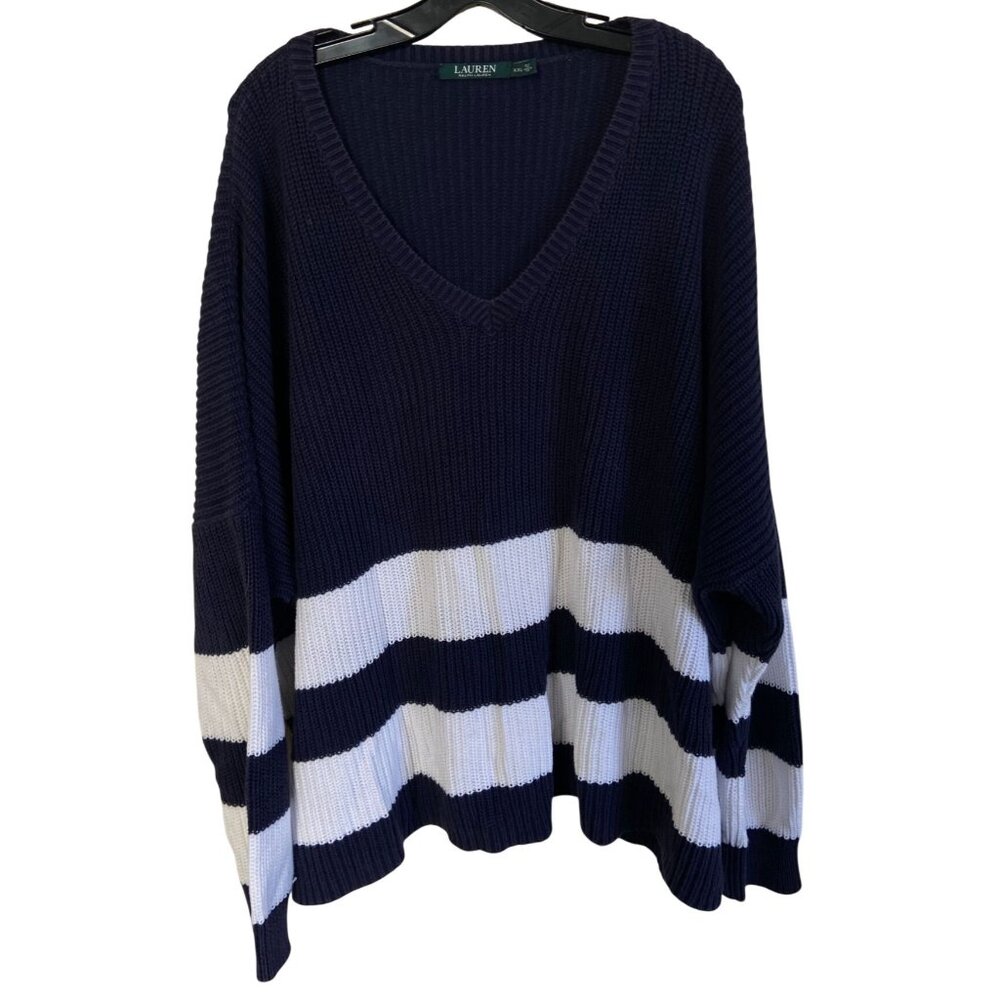 Vintage Lauren by Ralph Lauren Womens Sweater Size XXL 2XL Navy & White Oversize